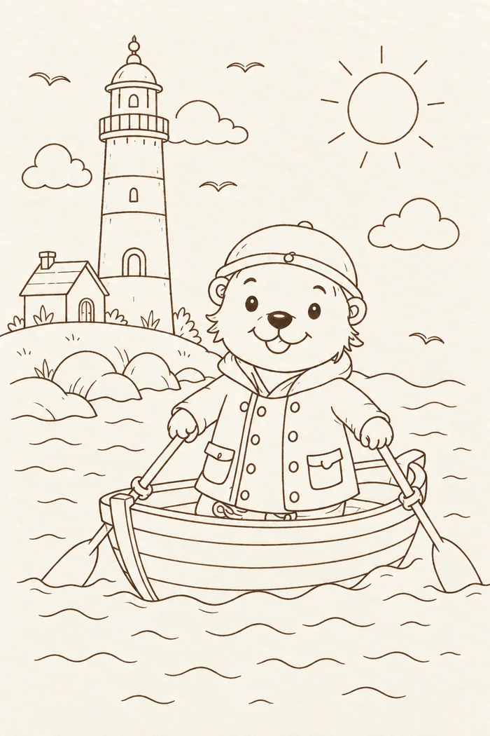 Illustrative coloring page of Ollie in his boat beside the lighthouse.