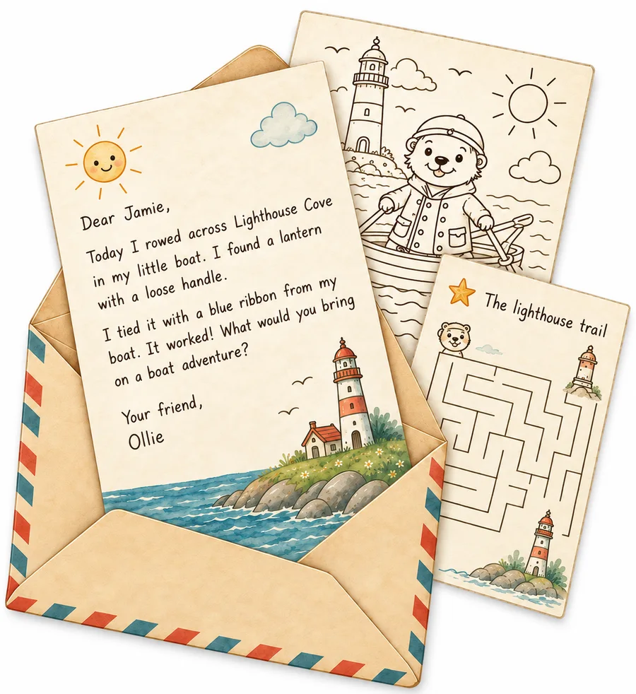 Illustrative Little Letters packet: a personal story, matching coloring page and activity in an airmail envelope.
